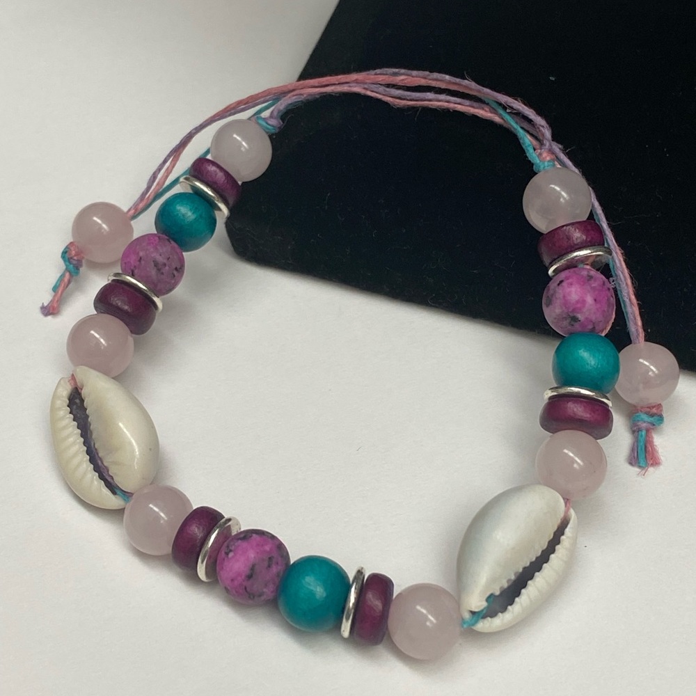 Adjustable Rose Quartz, Wood, and Cowrie Shell Hemp Bracelet or Anklet